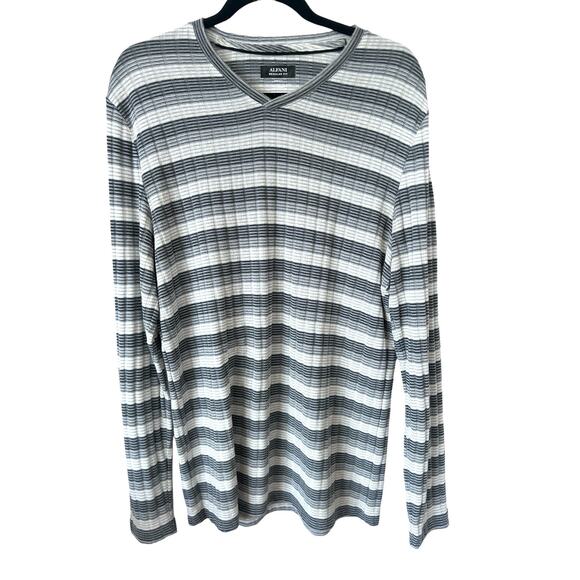Alfani Sweater Mens Small Gray‎ White Ribbed Striped V Neck Preppy Heritage - Picture 2 of 10